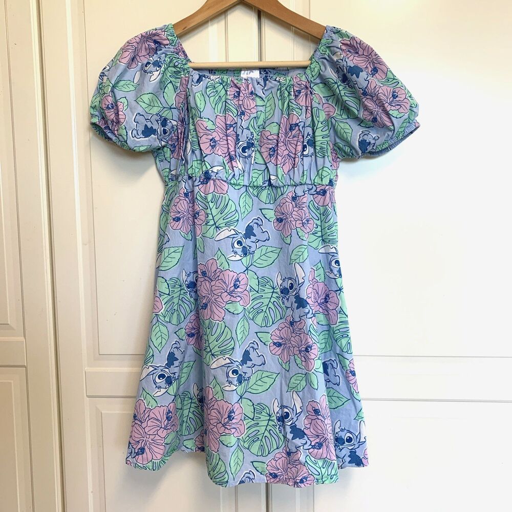 Disney Stitch Blue Floral Dress Cotton Puff Short Sleeve Girls Size XL 14